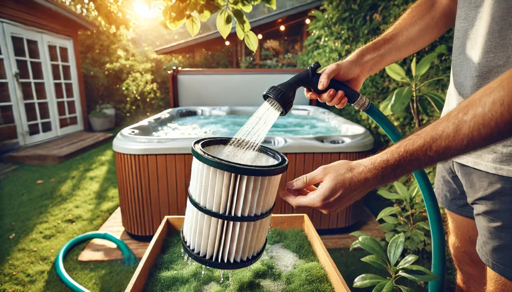 A person rinsing a hot tub filter with a garden hose outdoors, with a clean hot tub and greenery in the background, showing the filter maintenance process.