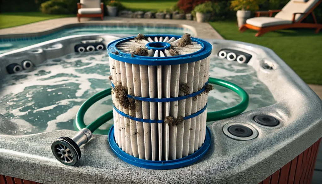 A hot tub filter with visible debris, emphasizing the importance of regular cleaning.