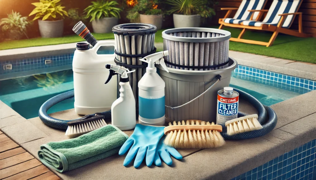 A well-organized setup for cleaning a hot tub filter, featuring a garden hose, cleaning solution, bucket, gloves, and a soft-bristled brush in an outdoor setting.