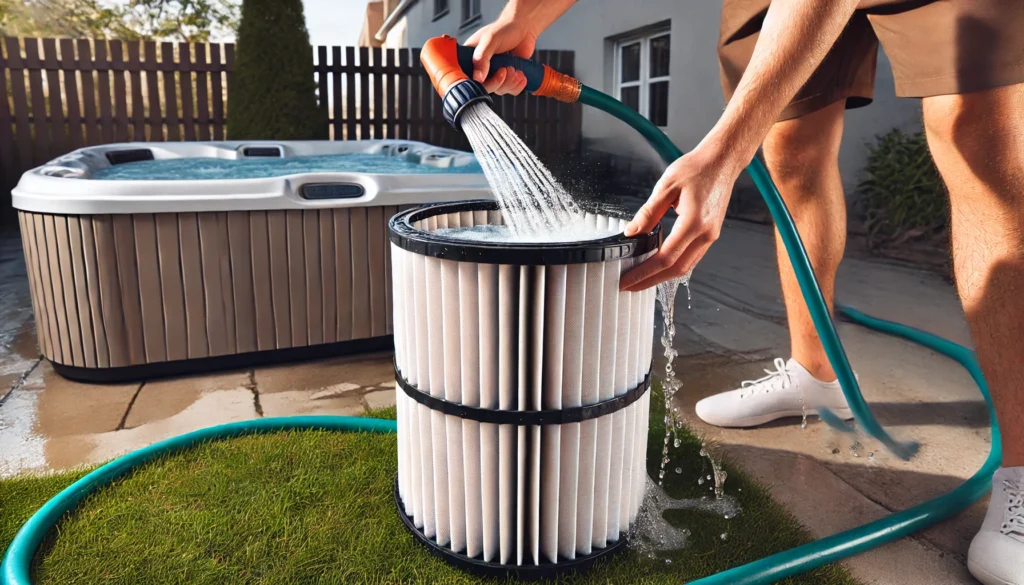 A person cleaning a hot tub filter outdoors with a garden hose, spraying between the pleats with medium water pressure. The backyard setting shows a calm, organized space, and the filter is handled carefully as part of a regular weekly maintenance routine.