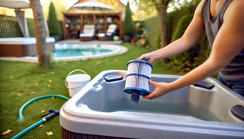 A person carefully reinstalling a clean, dry hot tub filter in a peaceful backyard, with greenery and cleaning supplies nearby, ensuring the filter is seated properly for optimal performance.