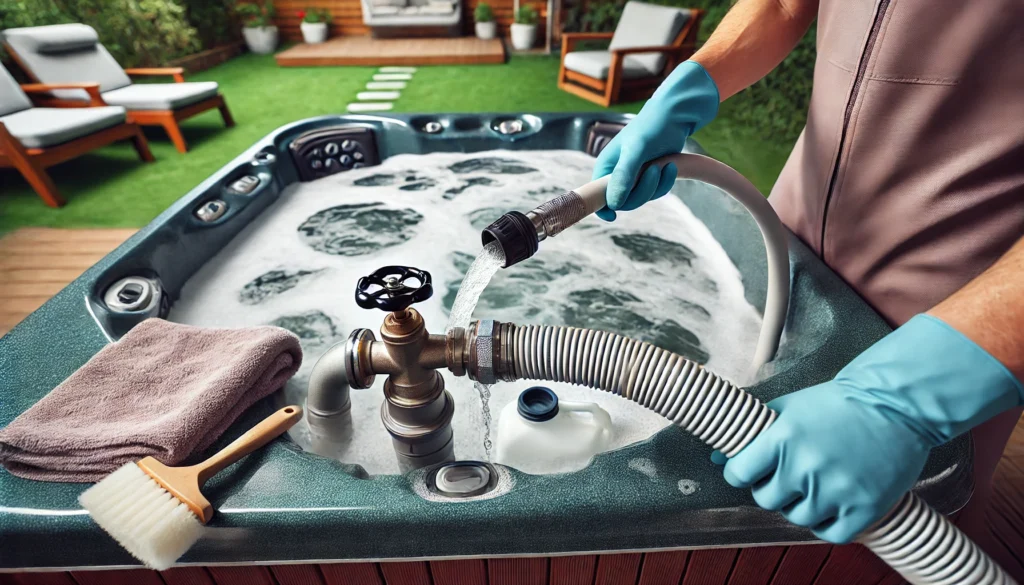 Close-up of a person draining a hot tub using a hose attached to the base, with cleaning supplies nearby and water flowing into the lawn.