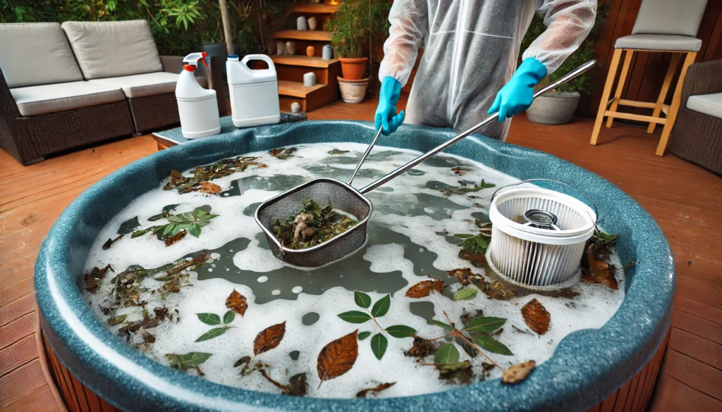 A hot tub filled with cloudy water and debris, with a person holding a cleaning net and cleaning supplies nearby, preparing for maintenance.