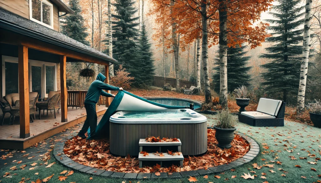 A backyard scene with a hot tub surrounded by trees, showing scattered leaves and the transition from fall to winter, as a person lifts the cover to prepare for cleaning.