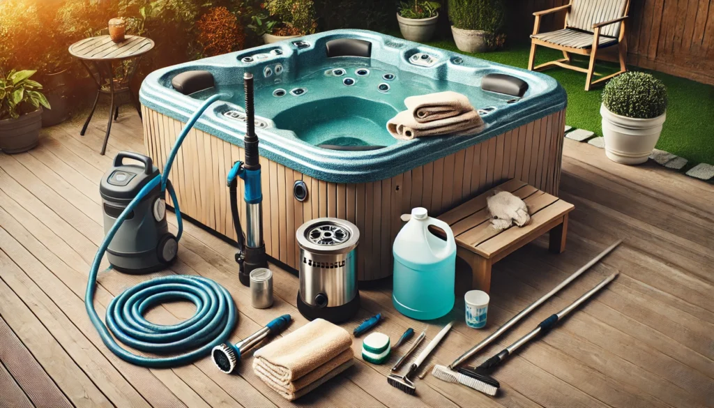 A well-organized workspace next to an empty hot tub, showing cleaning tools like a submersible pump, garden hose, and cleaning solution, as a person prepares for the cleaning process.