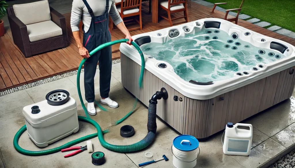 A person attaching a garden hose to the drain valve of a halfway-drained hot tub, with cleaning supplies nearby, illustrating the hot tub draining process.