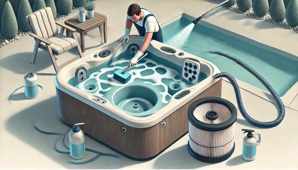 A person scrubbing the interior of an empty hot tub with a soft sponge and cleaning solution, while rinsing the filter with a garden hose, focusing on the jets and waterline area.