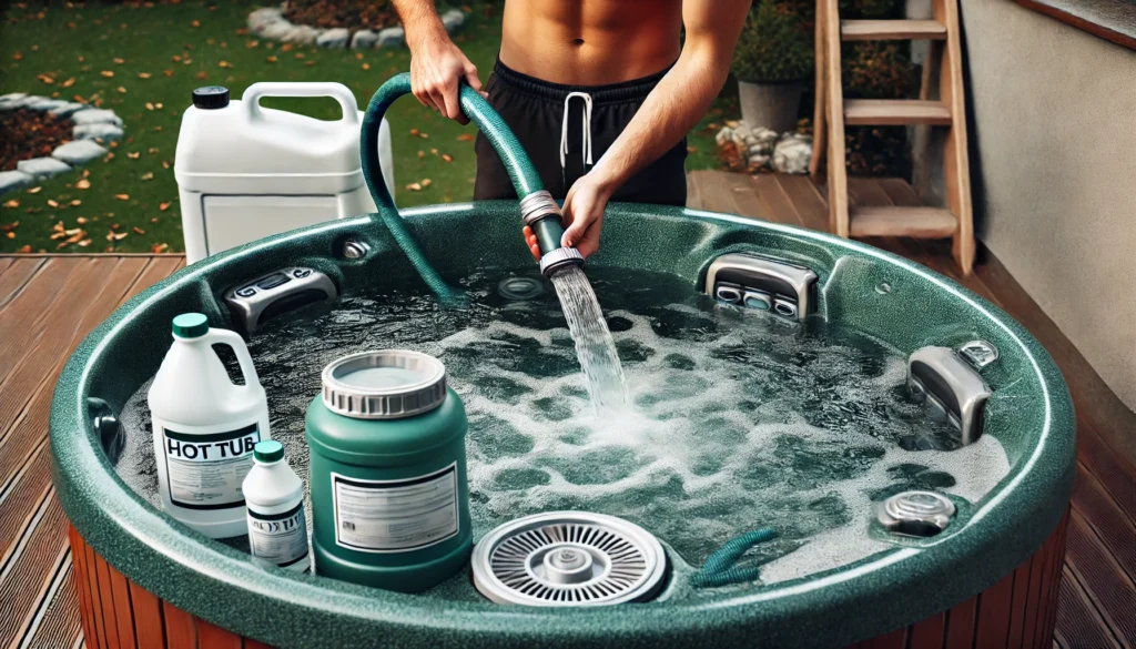 A person refilling a hot tub with clean water using a garden hose, the water flowing into the filter well, with chemical treatments nearby, ready for use after the filling process.