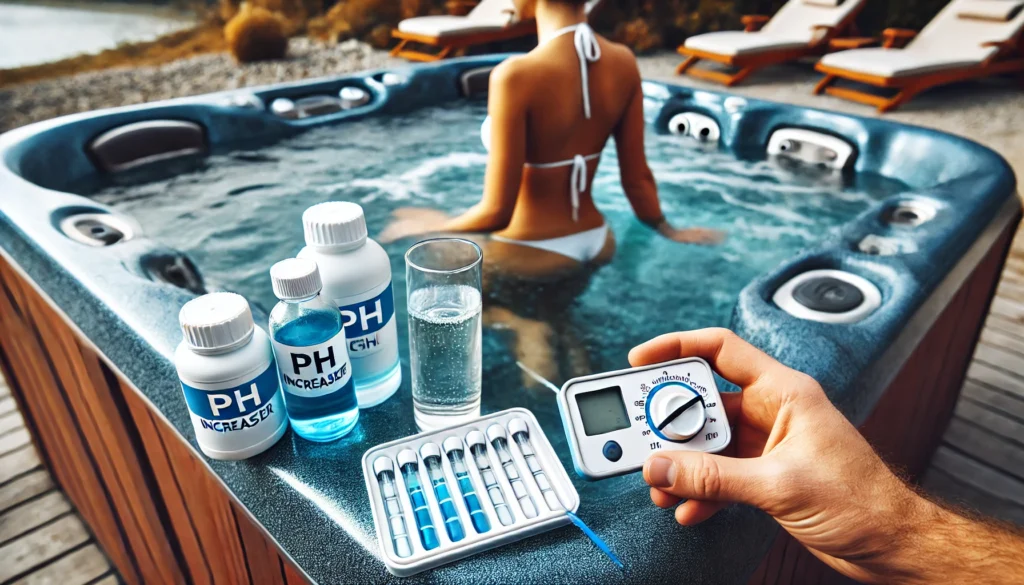 A close-up of a person testing the water in a hot tub with a testing kit, surrounded by bottles of pH increasers and sanitizer, emphasizing proper water chemistry balance.