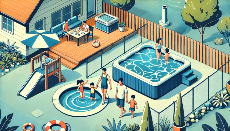 A family outdoors by a hot tub, with children playing safely nearby while parents supervise, emphasizing safety and family bonding.