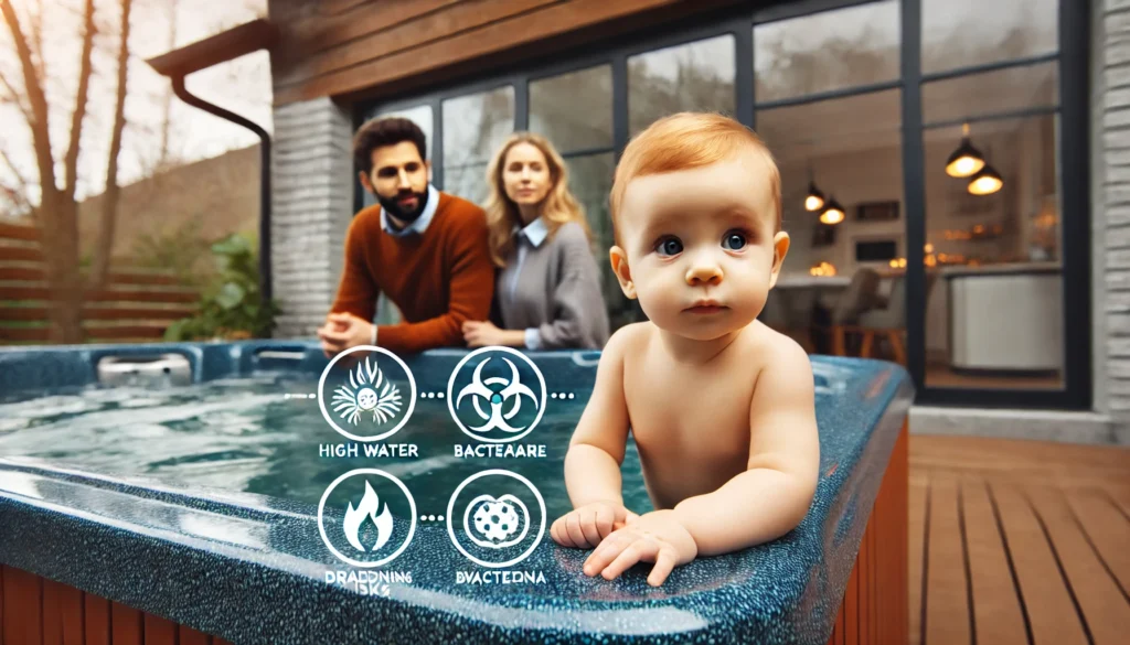 A young baby near a hot tub with concerned parents nearby, illustrating the dangers of hot tubs such as high water temperature, bacteria, and drowning risks.