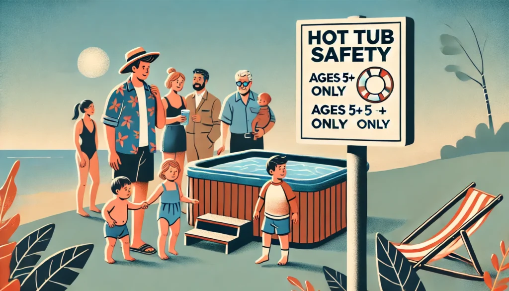 A family next to a hot tub, with parents reading a sign that says 'Hot Tub Safety: Ages 5+ Only,' while young children play safely nearby.