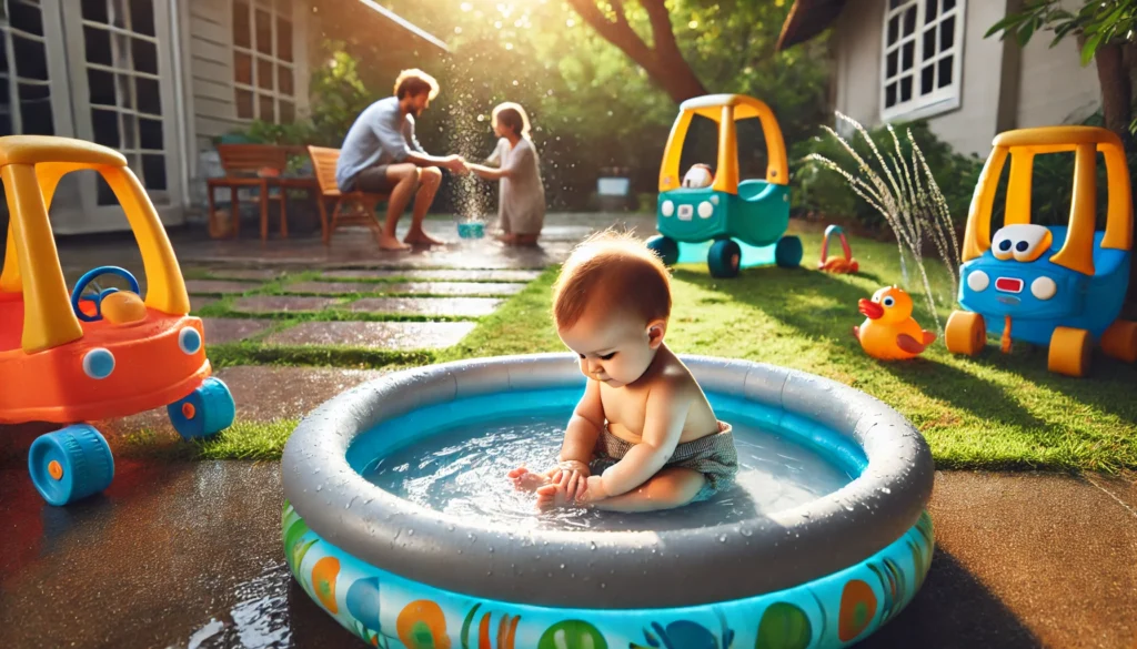 A baby playing in a small inflatable kiddie pool under close parental supervision, with toys and water sprinklers nearby, offering safe water fun alternatives.