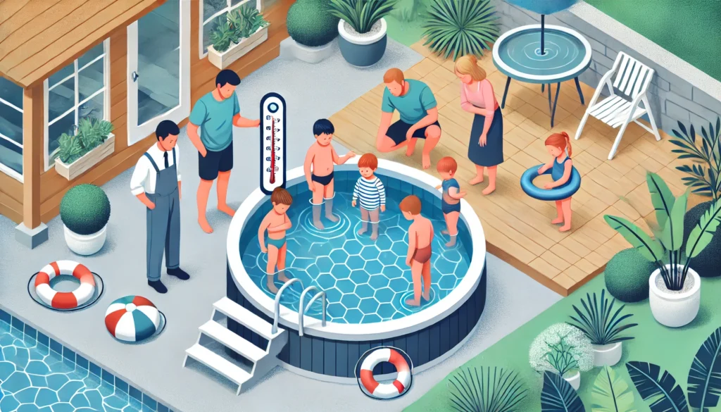 A family around a hot tub with parents supervising, checking the water temperature with a pool thermometer, and children following safety rules like no running or diving.