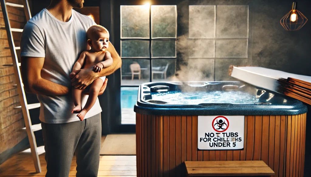 A concerned parent holding a baby at a safe distance from a hot tub, with a warning sign indicating no entry for children under 5, emphasizing risks such as overheating and drowning hazards.