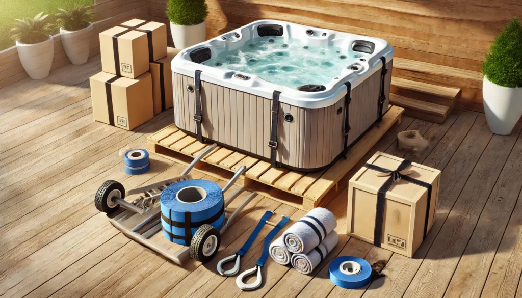 A hot tub ready for moving, equipped with heavy-duty straps, a dolly, wooden planks, and protective blankets, emphasizing the importance of using the right tools for moving a hot tub.