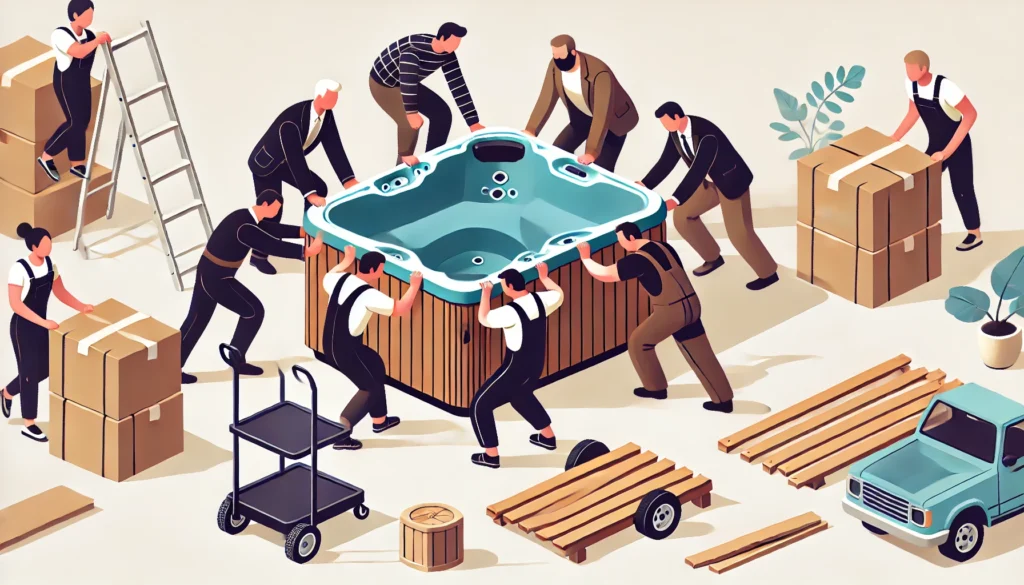 A group of people carefully lifting a hot tub using proper lifting techniques, bending at the knees and lifting with their legs, with a spa dolly and wooden planks nearby.