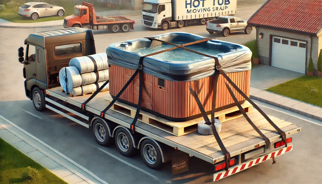 A hot tub secured on a trailer with heavy-duty straps criss-crossed for extra security, covered with protective blankets and a tarp to guard against weather and road debris.