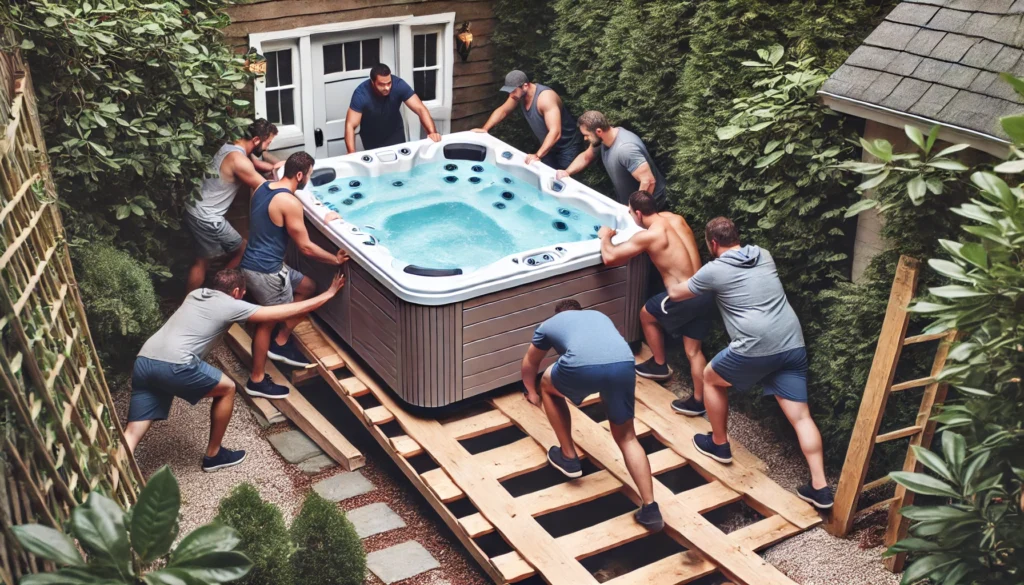 A group of people maneuvering a hot tub through a tight space with obstacles like low branches and a narrow gate, using wooden planks to create a smooth path.