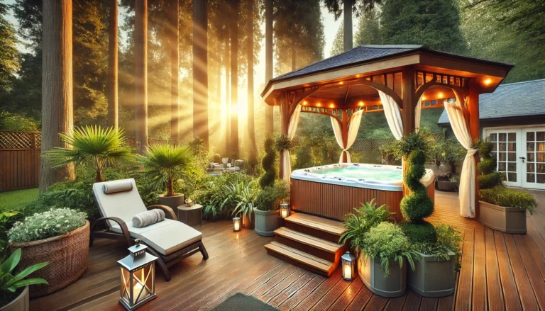 A peaceful backyard scene featuring a luxurious hot tub under a gazebo with warm sunlight streaming through tall trees. Surrounded by lush greenery and cozy lounge chairs, the wooden deck is softly illuminated by lanterns, creating an inviting and tranquil atmosphere perfect for relaxation.