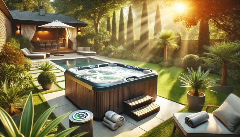 A luxurious, serene backyard scene featuring a modern hot tub surrounded by lush greenery, sunlight streaming through the trees, and a well-maintained patio. The hot tub is bubbling gently with towels and water testing strips nearby, evoking a peaceful, inviting atmosphere for relaxation.