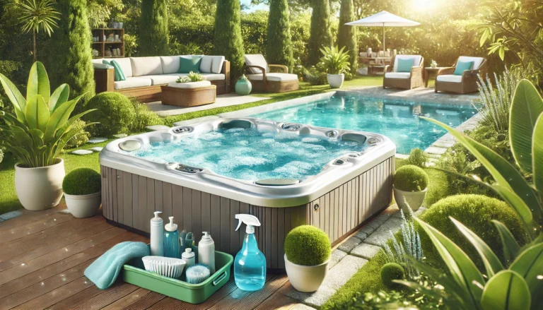 Clean and inviting hot tub with crystal clear water in a serene backyard, surrounded by greenery and outdoor seating, showcasing the importance of proper filter cleaning and maintenance。