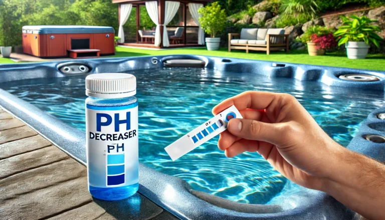 Person testing hot tub water with a pH test strip, with clear blue water and a pH decreaser bottle nearby, set in a peaceful backyard with the hot tub running.