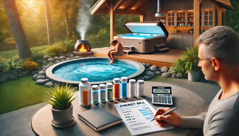 An image showing a person reviewing hot tub costs with an energy bill and maintenance tools beside a hot tub in a serene backyard setting.