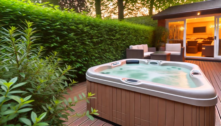 A serene backyard scene featuring a hot tub with a secure cover, surrounded by a wooden deck and lush greenery. Soft lighting enhances the relaxing atmosphere, with patio furniture visible in the background, creating a peaceful space for unwinding.