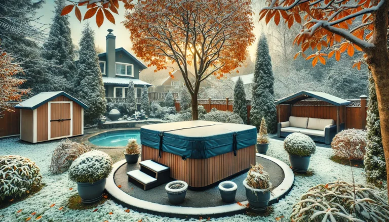 A serene backyard scene featuring a hot tub prepared for winter, with a secured cover, snow surrounding the area, and trees with changing leaves. The cozy atmosphere captures the transition into winter with a well-maintained hot tub ready for the colder months.