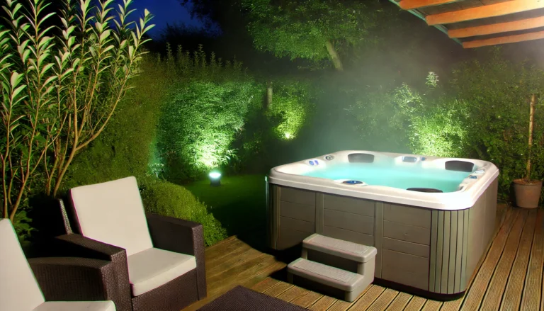 A peaceful backyard hot tub scene with clear, foam-free water surrounded by lush greenery and soft lighting.