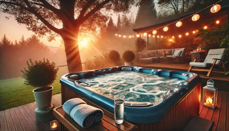 Relaxing backyard hot tub at sunset with swirling bubbles and ambient lighting