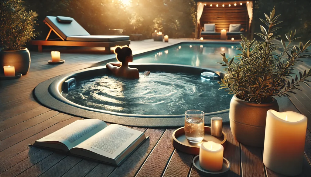 Evening hot tub scene with soft lighting, floating drink holder, and a nearby book.