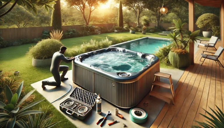 Person inspecting a pipe connection on a half-drained hot tub in a peaceful backyard setting with tools scattered around for DIY repair.