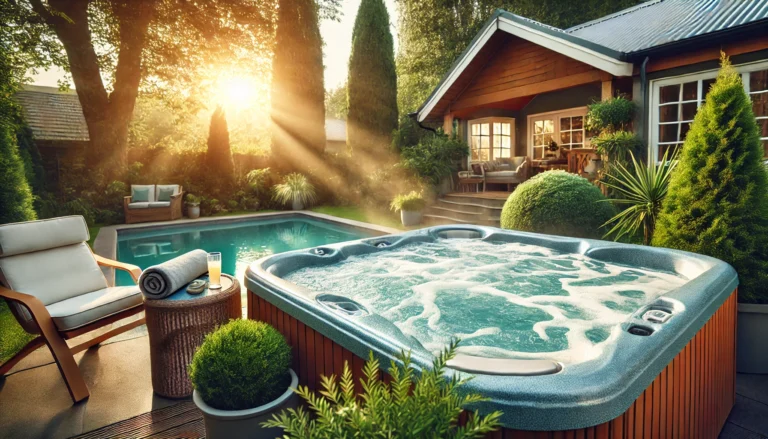 A peaceful backyard hot tub with clear, foam-free water surrounded by greenery, soft steam rising, and a golden sunset casting a warm glow.