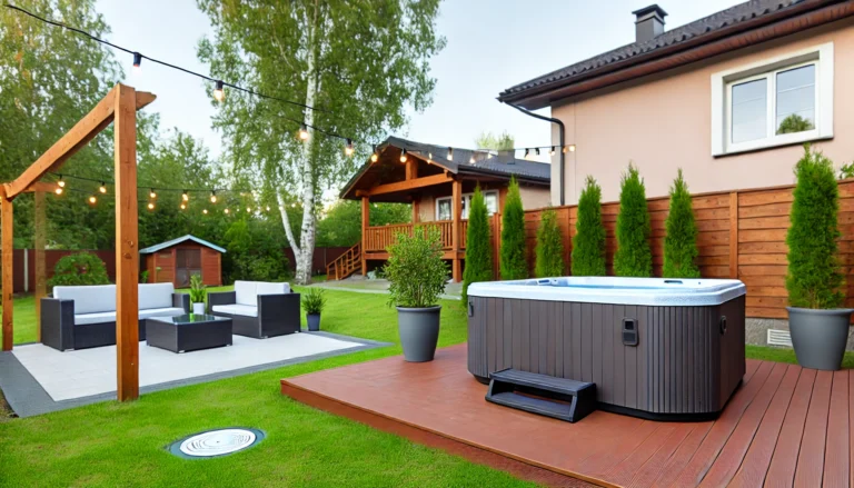 A beautiful backyard setup with a hot tub placed on a wooden deck, surrounded by lush greenery and cozy seating, creating a perfect relaxation space.