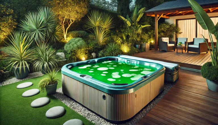 A peaceful backyard setting with a hot tub surrounded by plants and greenery, but the water inside the tub has a green tint, indicating contamination from algae or metals. The scene is calm, with the hot tub cover placed to the side, subtly emphasizing the need for cleaning.