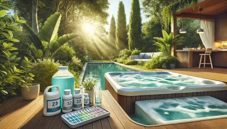 A serene backyard scene featuring a modern hot tub with crystal-clear water and gentle bubbles. The hot tub is surrounded by lush greenery, with sunlight streaming through the trees. On a small table next to the hot tub, various hot tub chemical bottles, test strips, and a measuring cup are neatly arranged, emphasizing the importance of proper maintenance.