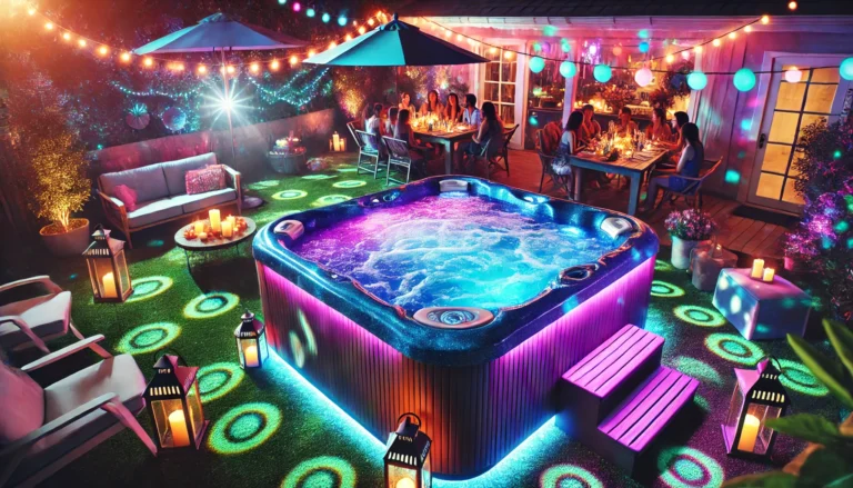 A lively backyard party scene featuring a glowing hot tub with dyed water in shimmering blue and purple hues. The festive setting includes string lights and lanterns, with guests enjoying the colorful ambiance. The hot tub, enhanced by LED lights, creates a fun and creative atmosphere, perfect for an exciting hot tub experience.