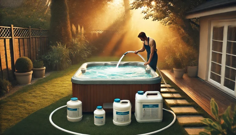 A serene backyard scene showing a hot tub being filled with water using a single hose. A person is nearby, adding water treatment chemicals, while the sun sets, casting a warm glow over the peaceful environment. The minimal equipment and calm surroundings highlight the simplicity of proper hot tub maintenance.