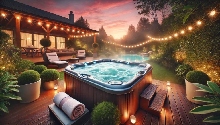 Luxurious outdoor hot tub at sunset with steam rising from the water, surrounded by greenery and string lights.