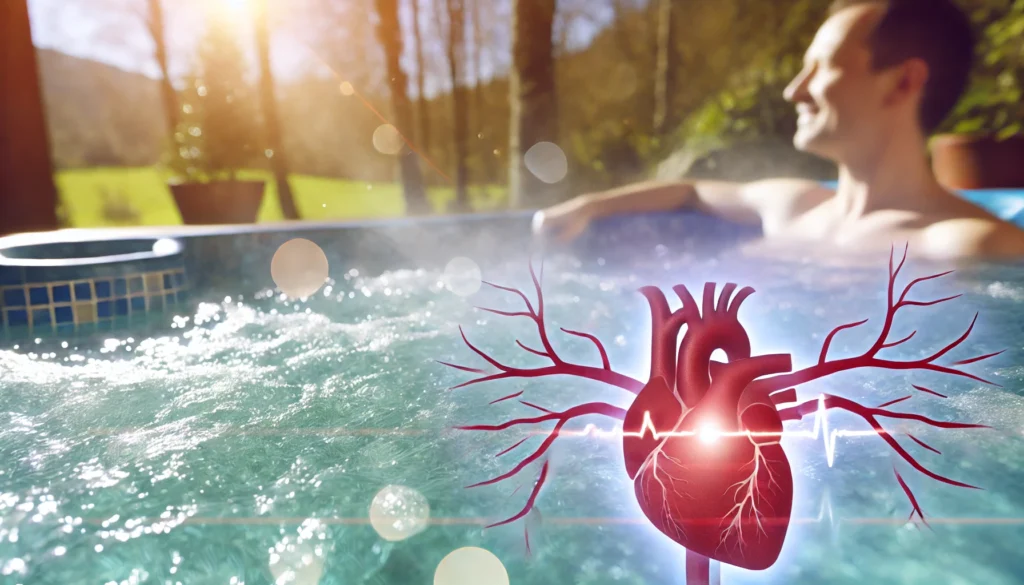 A serene individual relaxing in a hot tub with steam rising and sunlight illuminating the water, symbolizing the cardiovascular benefits of improved circulation, reduced stress, and lowered blood pressure