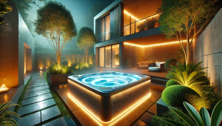 A serene modern backyard at dusk featuring a luxurious, illuminated hot tub with steam rising gently, surrounded by lush greenery and glowing ambient lights, evoking relaxation and wellness.