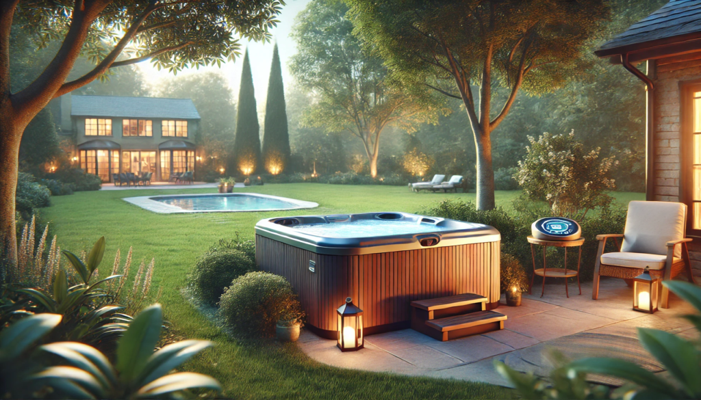 Backyard with a hot tub set to optimal temperature used for cooling off, aquatic exercises, and stargazing. Summer greenery surrounds the scene with a night sky visible.