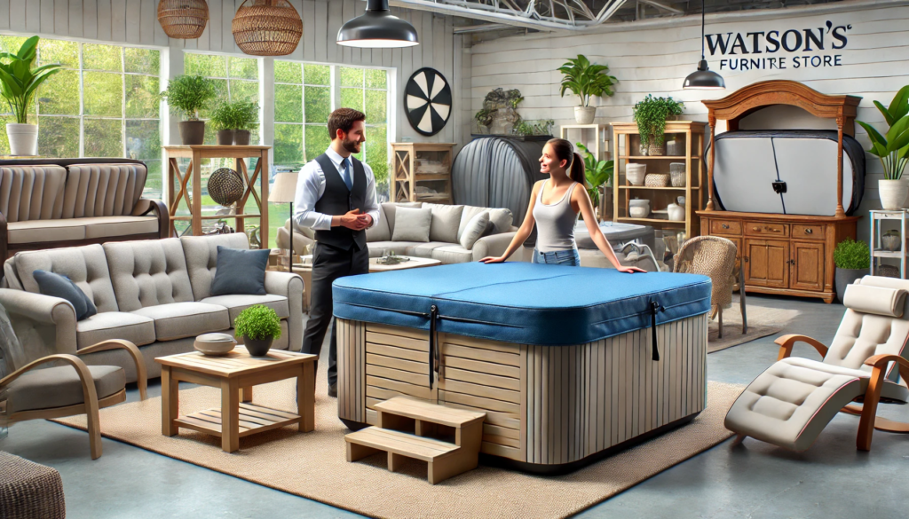 A furniture store featuring a display of hot tub covers next to patio furniture. A customer browses while a salesperson discusses cover materials. The scene highlights the surprise of finding hot tub covers in a furniture store like Watson's.