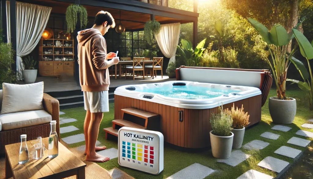 A person testing hot tub alkalinity using test strips, standing beside a sparkling clean hot tub in a peaceful backyard with plants and a seating area. The setting is calm and organized, with sunlight streaming through trees, showing the process of regular hot tub maintenance and testing.