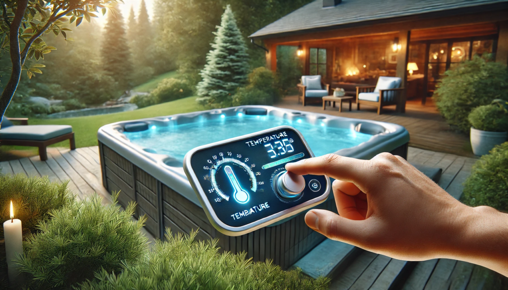 Person adjusting the hot tub temperature with a visible thermometer and control panel, in a serene setting.