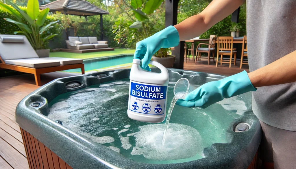 A person using sodium bisulfate to carefully lower the alkalinity in a hot tub. They are wearing gloves and pouring a diluted solution into the water. The hot tub is in a tranquil backyard with outdoor plants and seating, and the water is crystal clear under the sunlight, showing the process of lowering alkalinity.