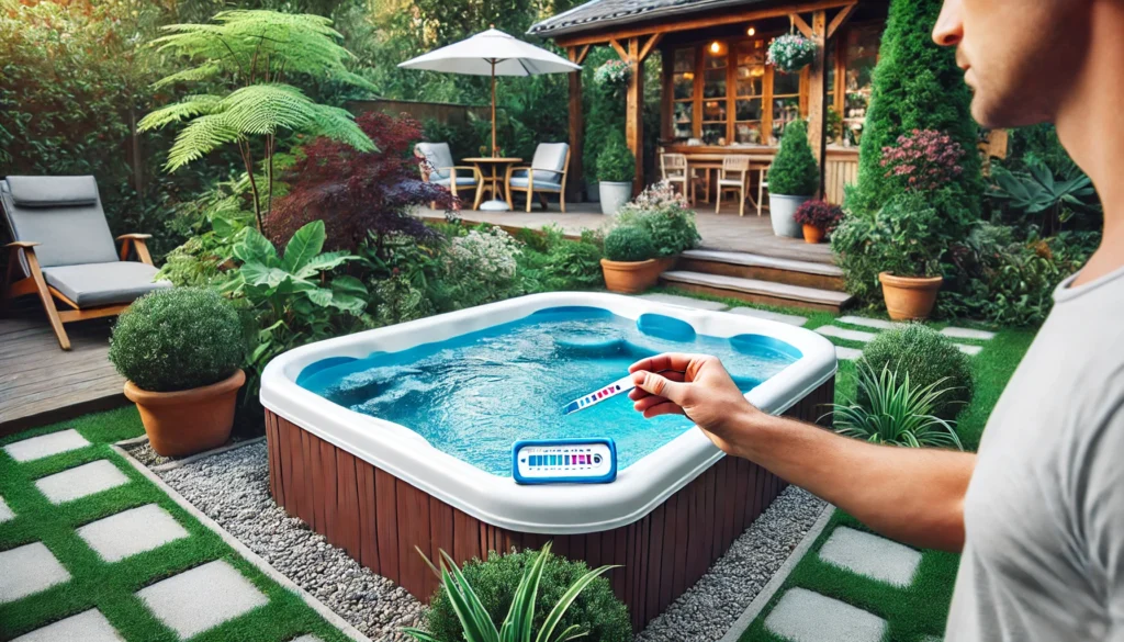 A peaceful backyard with a clean, well-maintained hot tub. A person is seen testing the water using a test strip, ensuring the hot tub is balanced for proper alkalinity. The hot tub is surrounded by greenery, and the setting is serene and organized, representing regular maintenance to keep the water clear and inviting.