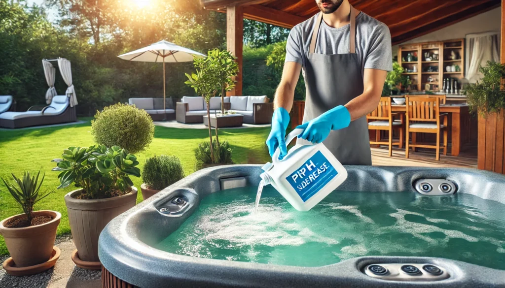 A person lowering the alkalinity in a hot tub by carefully adding a pH decreaser. The person is wearing gloves and pouring a diluted solution of sodium bisulfate into the water, with the hot tub in a serene backyard setting featuring plants, outdoor furniture, and a clean hot tub. The sunlight is streaming through the trees, casting a peaceful, relaxing ambiance over the scene.